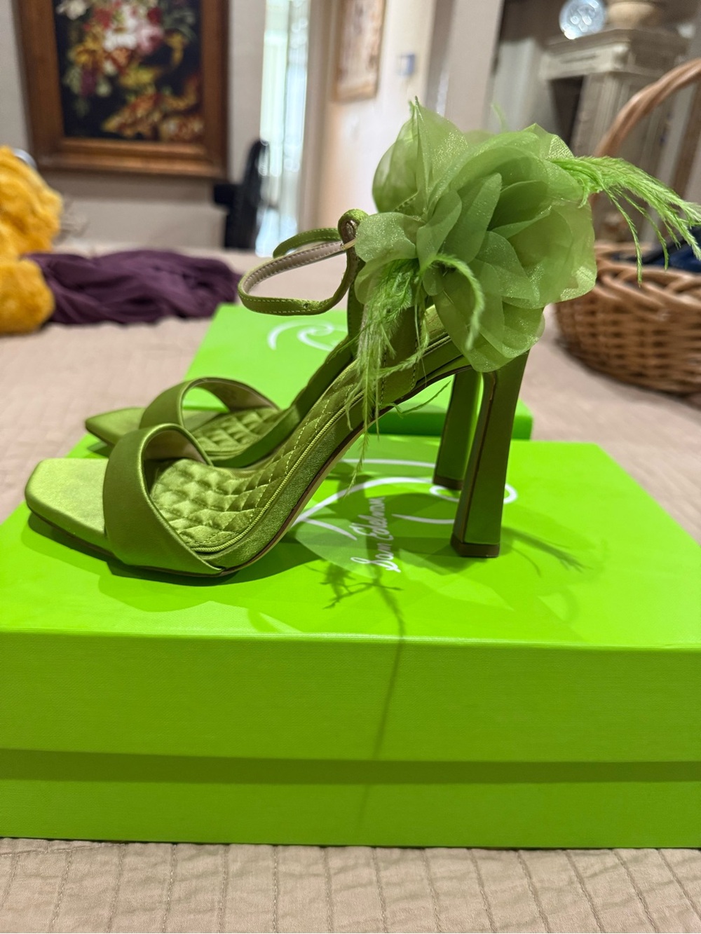 Sam Edelman Green Satin Floral Ankle-Strap Heels - Picture 2 of 4